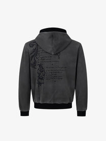 WOODLISE WASHED TONAL PRINT ZIP HOODIE; Dark Gray; back view