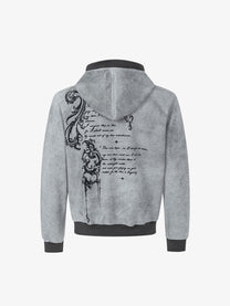 WOODLISE WASHED TONAL PRINT ZIP HOODIE; Heather Gray; back view