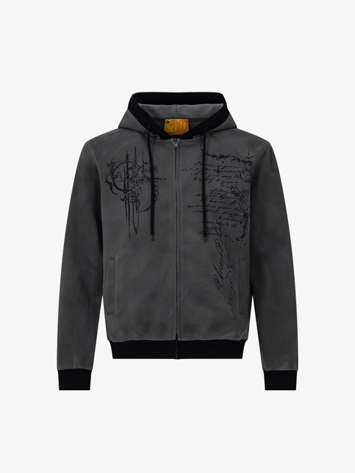 WOODLISE WASHED TONAL PRINT ZIP HOODIE; Dark Gray; front view