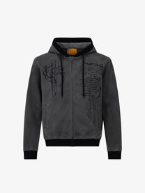 WOODLISE WASHED TONAL PRINT ZIP HOODIE; Dark Gray; front view