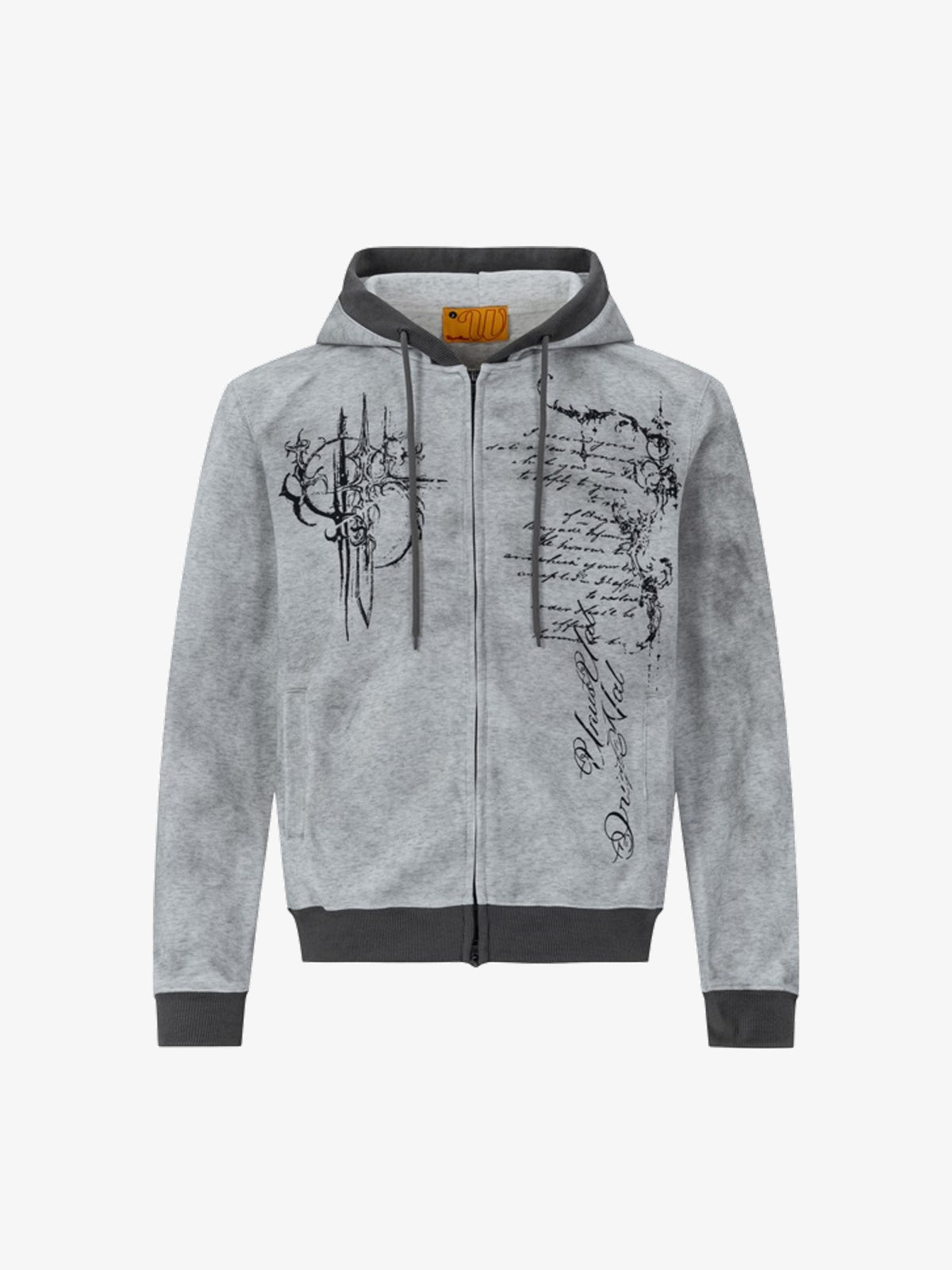 WOODLISE WASHED TONAL PRINT ZIP HOODIE; Heather Gray; front view