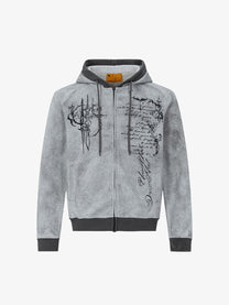 WOODLISE WASHED TONAL PRINT ZIP HOODIE; Heather Gray; front view