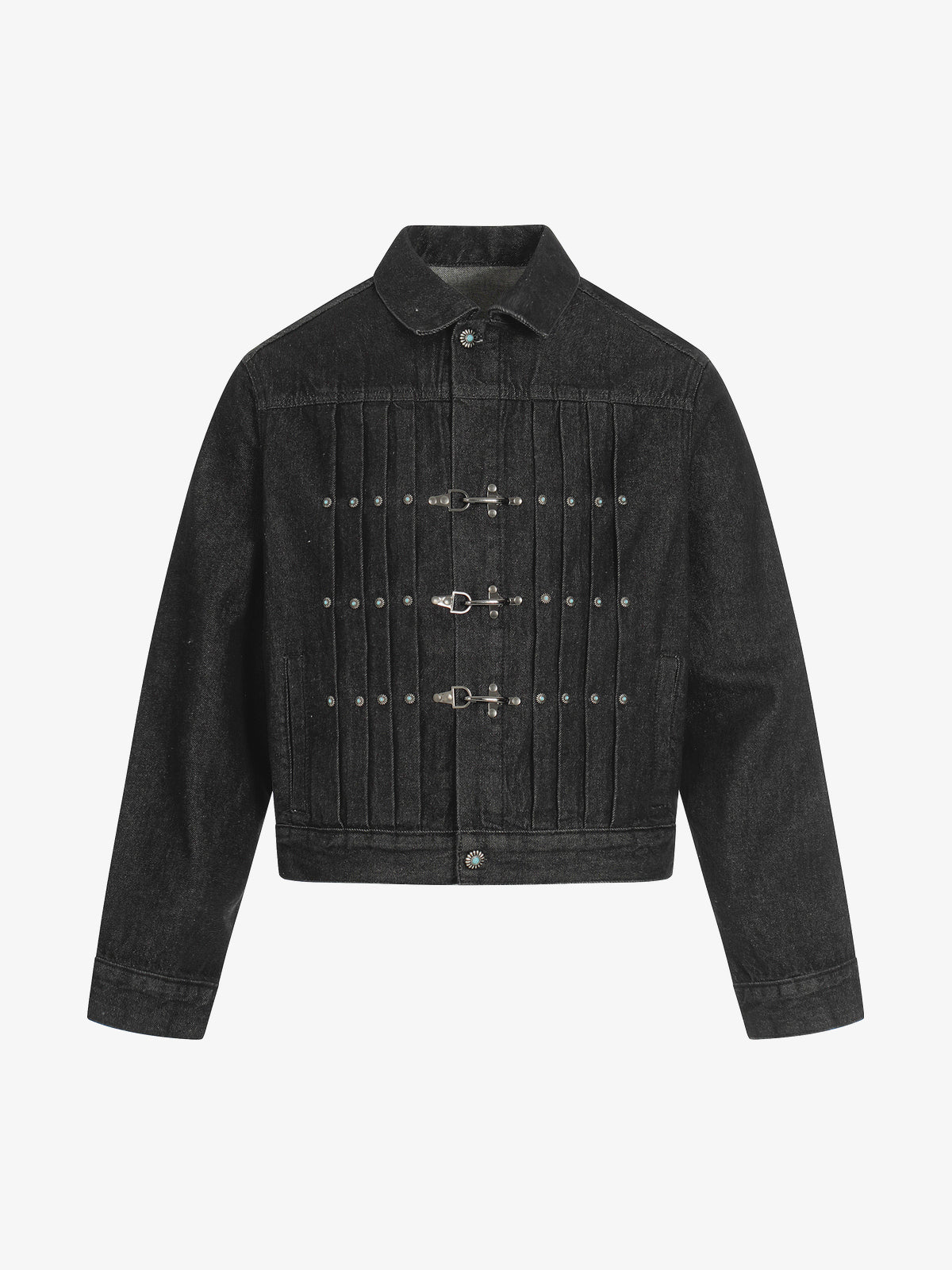 DC PLEATED BUCKLE FRONT TRUCKER JACKET; Black; front view