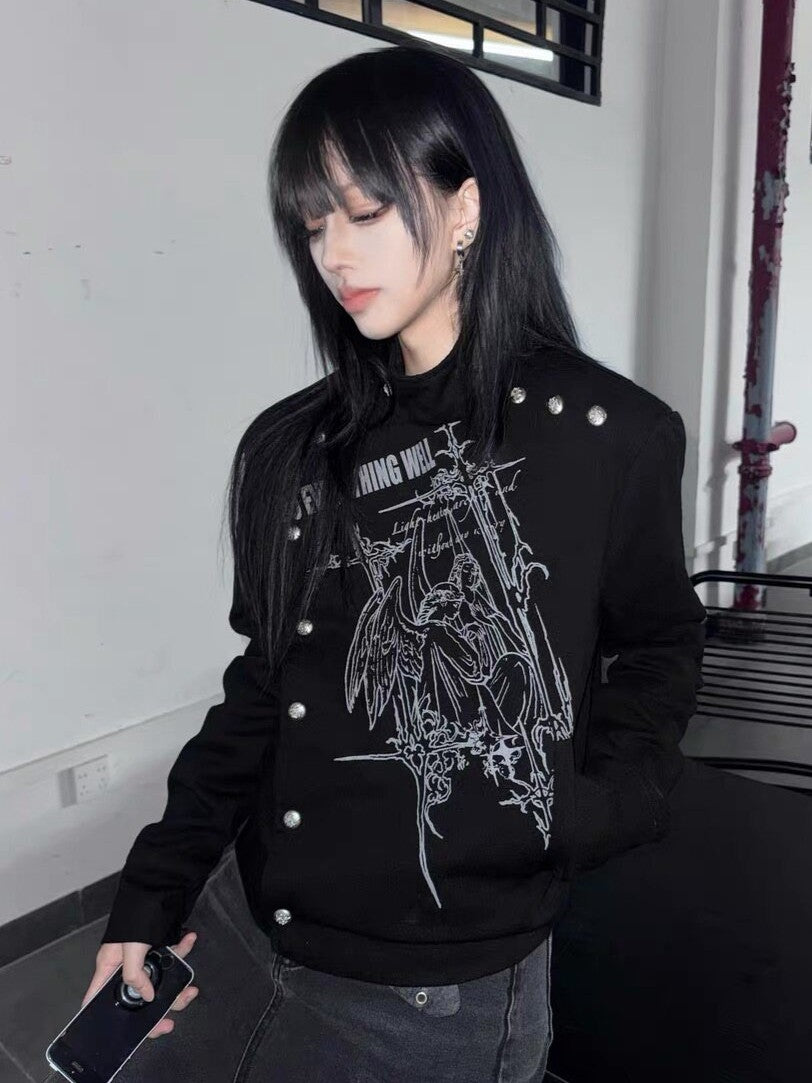 DETW ASYMMETRIC BUTTON ROCK JACKET; Black; model view