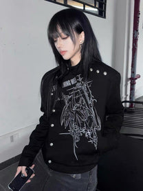 DETW ASYMMETRIC BUTTON ROCK JACKET; Black; model view