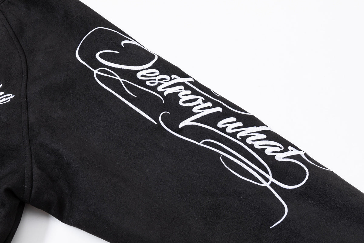 EASY BUILDING RAGLAN SCRIPT BOMBER JACKET; Black; design detail