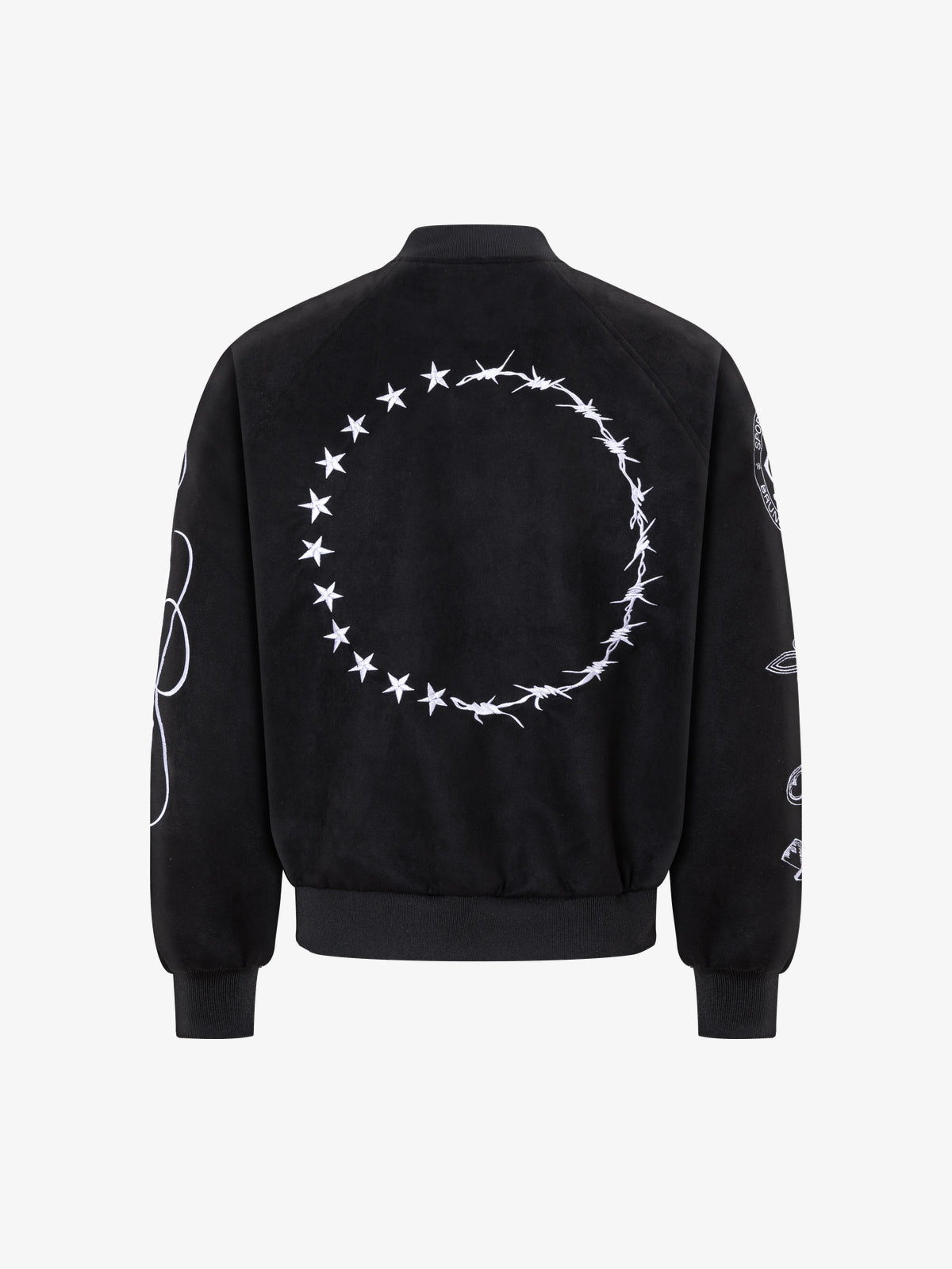 EASY BUILDING RAGLAN SCRIPT BOMBER JACKET; Black; back view