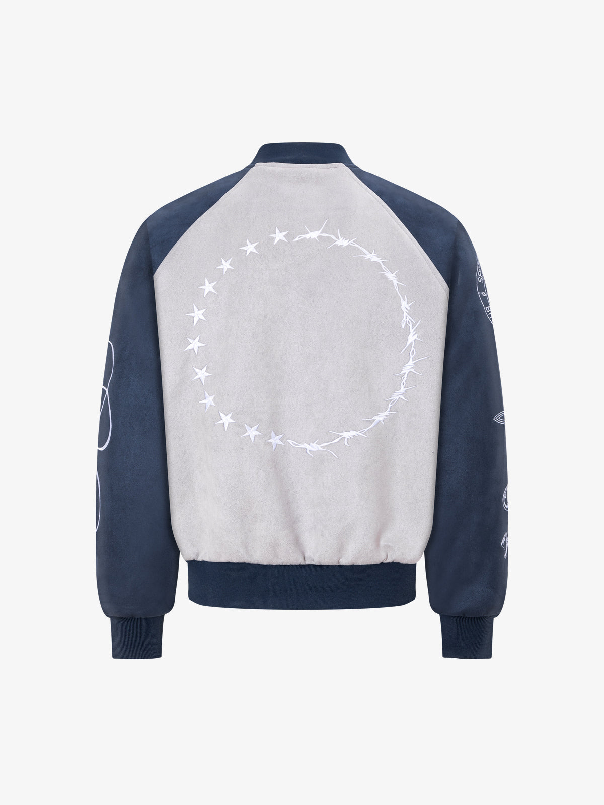 EASY BUILDING RAGLAN SCRIPT BOMBER JACKET; Gray; back view