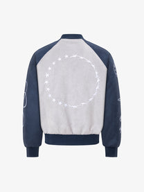 EASY BUILDING RAGLAN SCRIPT BOMBER JACKET; Gray; back view