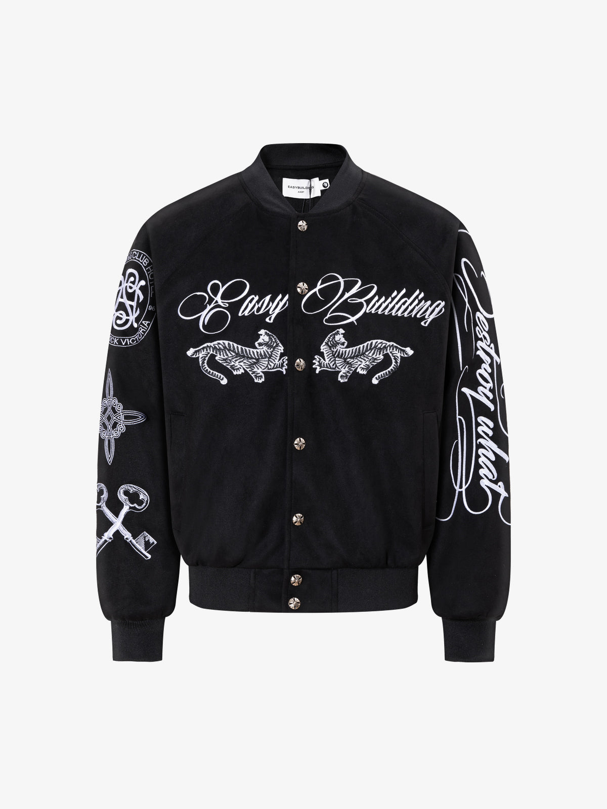 EASY BUILDING RAGLAN SCRIPT BOMBER JACKET; Black; front view