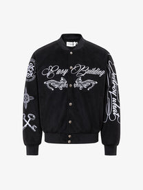 EASY BUILDING RAGLAN SCRIPT BOMBER JACKET; Black; front view