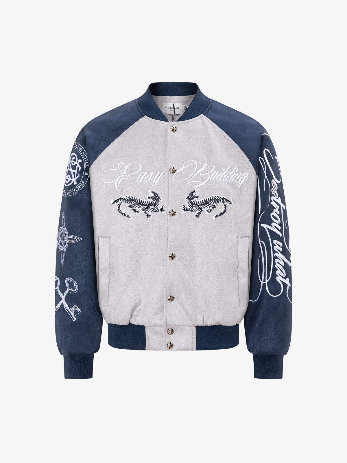 EASY BUILDING RAGLAN SCRIPT BOMBER JACKET; Gray; front view