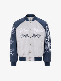 EASY BUILDING RAGLAN SCRIPT BOMBER JACKET; Gray; front view