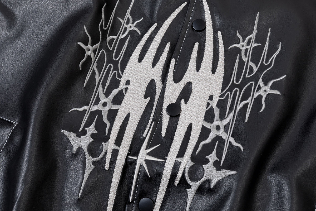 EASY BUILDING FLAME EMBROIDERED BOMBER JACKET; Black; design detail