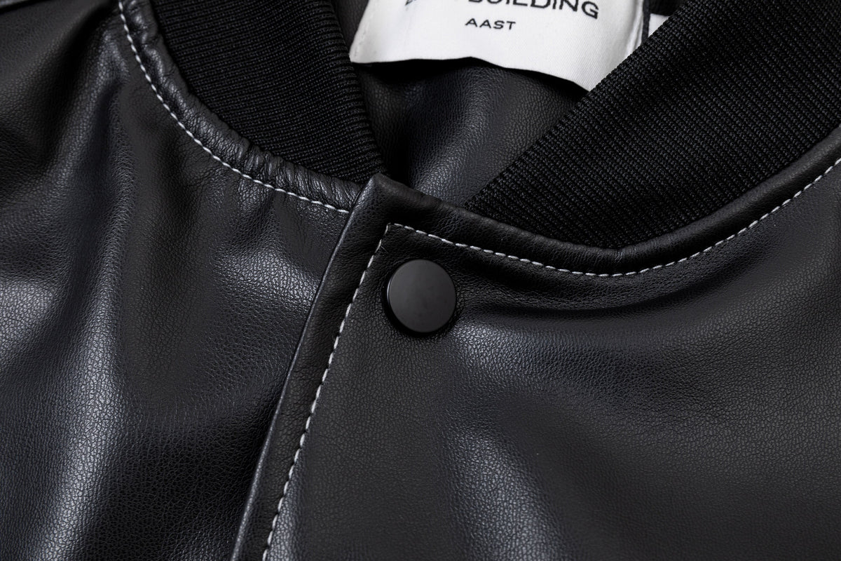 EASY BUILDING FLAME EMBROIDERED BOMBER JACKET; Black; garment construction detail