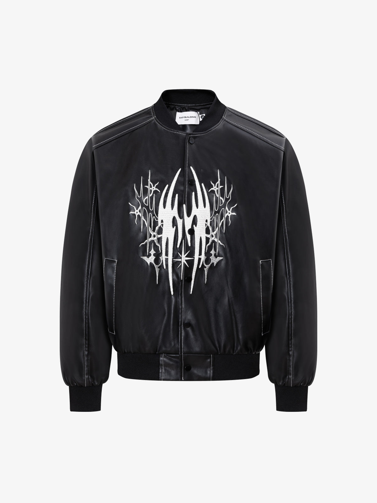 EASY BUILDING FLAME EMBROIDERED BOMBER JACKET; Black; front view