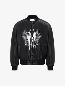 EASY BUILDING FLAME EMBROIDERED BOMBER JACKET; Black; front view