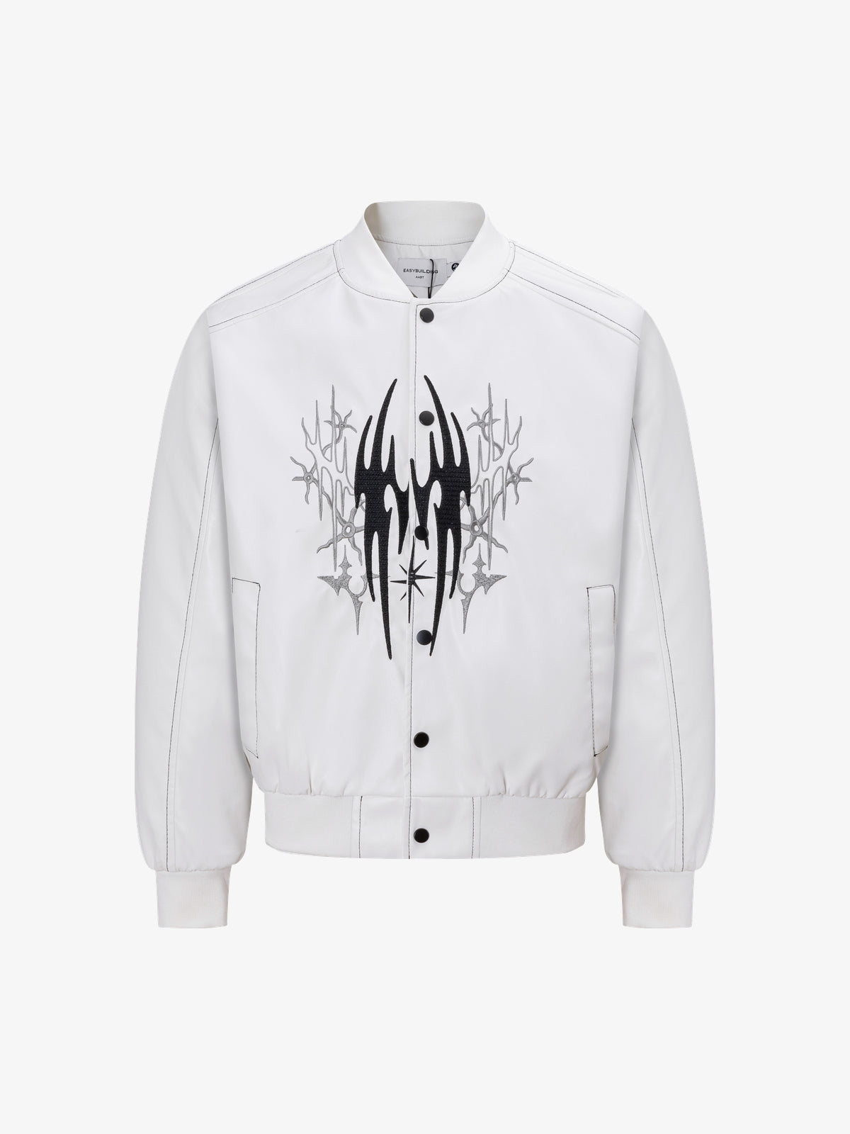 EASY BUILDING FLAME EMBROIDERED BOMBER JACKET; White; front view