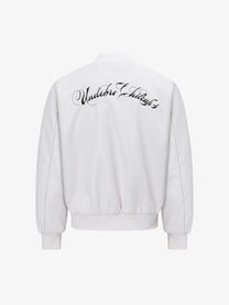 EASY BUILDING FLAME EMBROIDERED BOMBER JACKET; White; back view