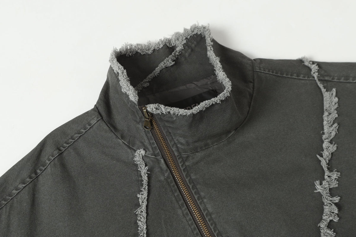 EXTREME CAUSE ASYMMETRIC FRAYED PANEL BOMBER JACKET; Gray; design detail