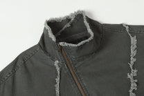 EXTREME CAUSE ASYMMETRIC FRAYED PANEL BOMBER JACKET; Gray; design detail