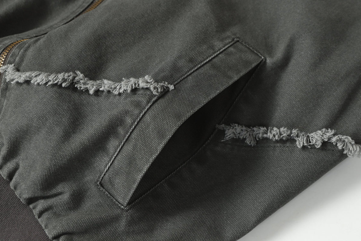 EXTREME CAUSE ASYMMETRIC FRAYED PANEL BOMBER JACKET; Gray; design detail