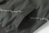 EXTREME CAUSE ASYMMETRIC FRAYED PANEL BOMBER JACKET; Gray; design detail