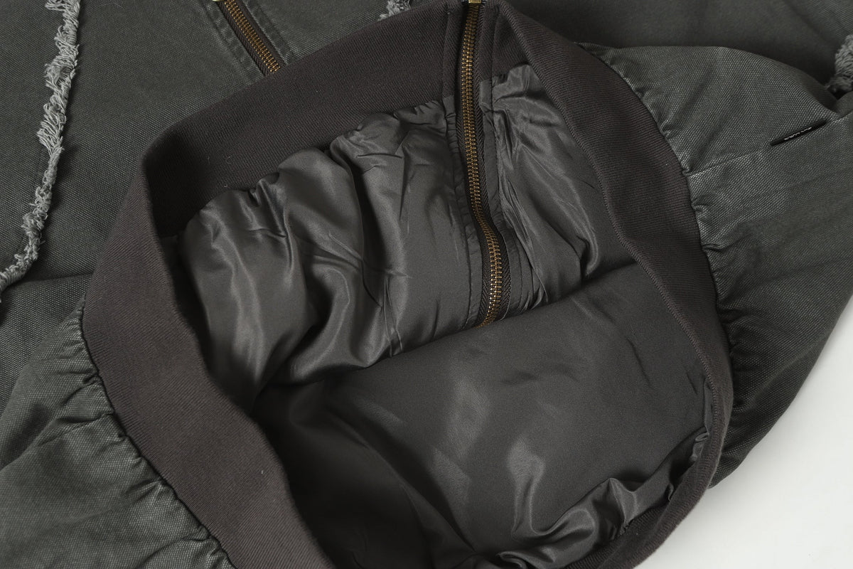 EXTREME CAUSE ASYMMETRIC FRAYED PANEL BOMBER JACKET; Gray; fabric detail