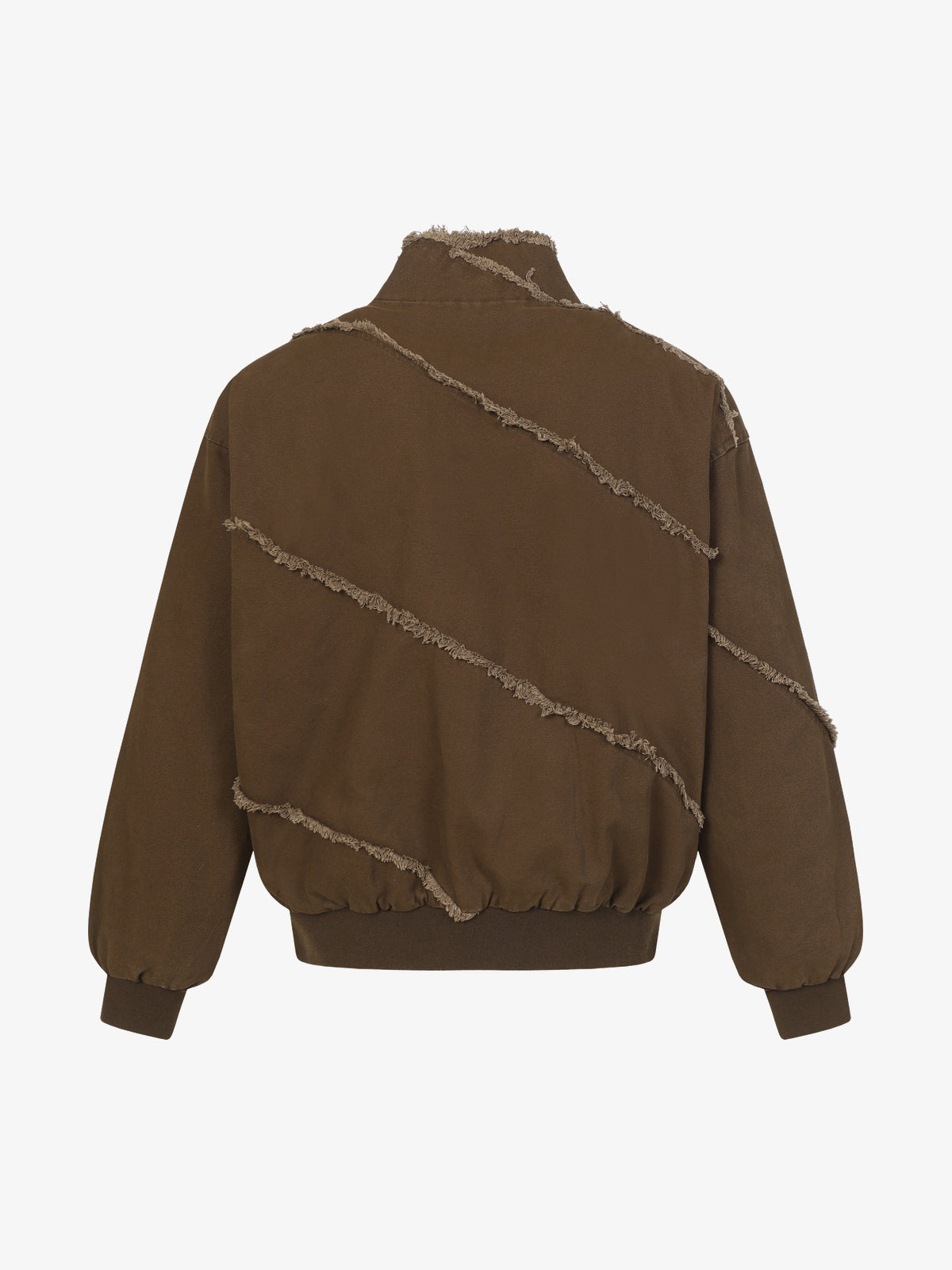 EXTREME CAUSE ASYMMETRIC FRAYED PANEL BOMBER JACKET; Brown; back view