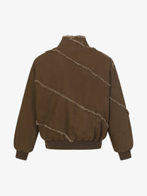 EXTREME CAUSE ASYMMETRIC FRAYED PANEL BOMBER JACKET; Brown; back view