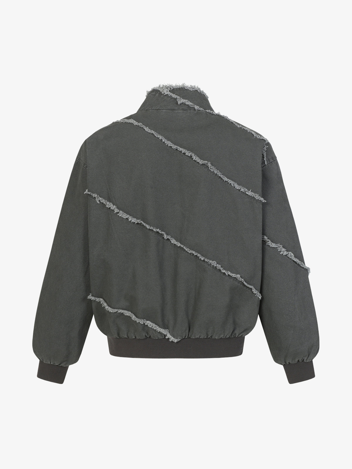 EXTREME CAUSE ASYMMETRIC FRAYED PANEL BOMBER JACKET; Gray; back view