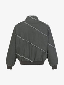 EXTREME CAUSE ASYMMETRIC FRAYED PANEL BOMBER JACKET; Gray; back view