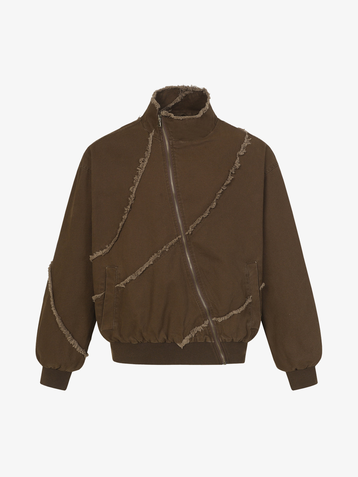 EXTREME CAUSE ASYMMETRIC FRAYED PANEL BOMBER JACKET; Brown; front view