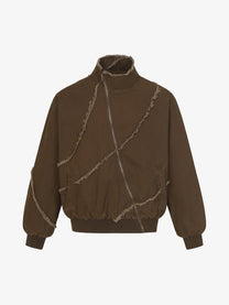 EXTREME CAUSE ASYMMETRIC FRAYED PANEL BOMBER JACKET; Brown; front view