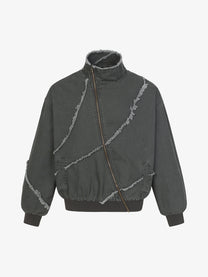 EXTREME CAUSE ASYMMETRIC FRAYED PANEL BOMBER JACKET; Gray; front view