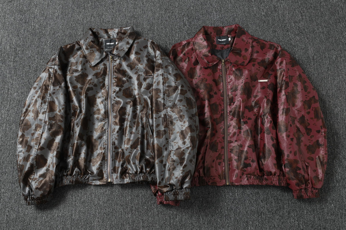 FEIDD BURST ABSTRACT BLOTCH ZIP JACKET; Gray, Red; multiple colorways shown together