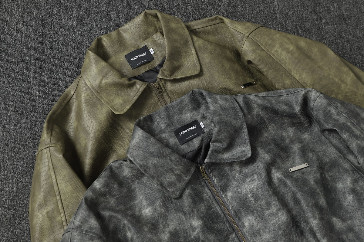 FEIDD BURST SCALE PATTERN WASHED ZIP JACKET; Gray, Green; multiple colorways shown together