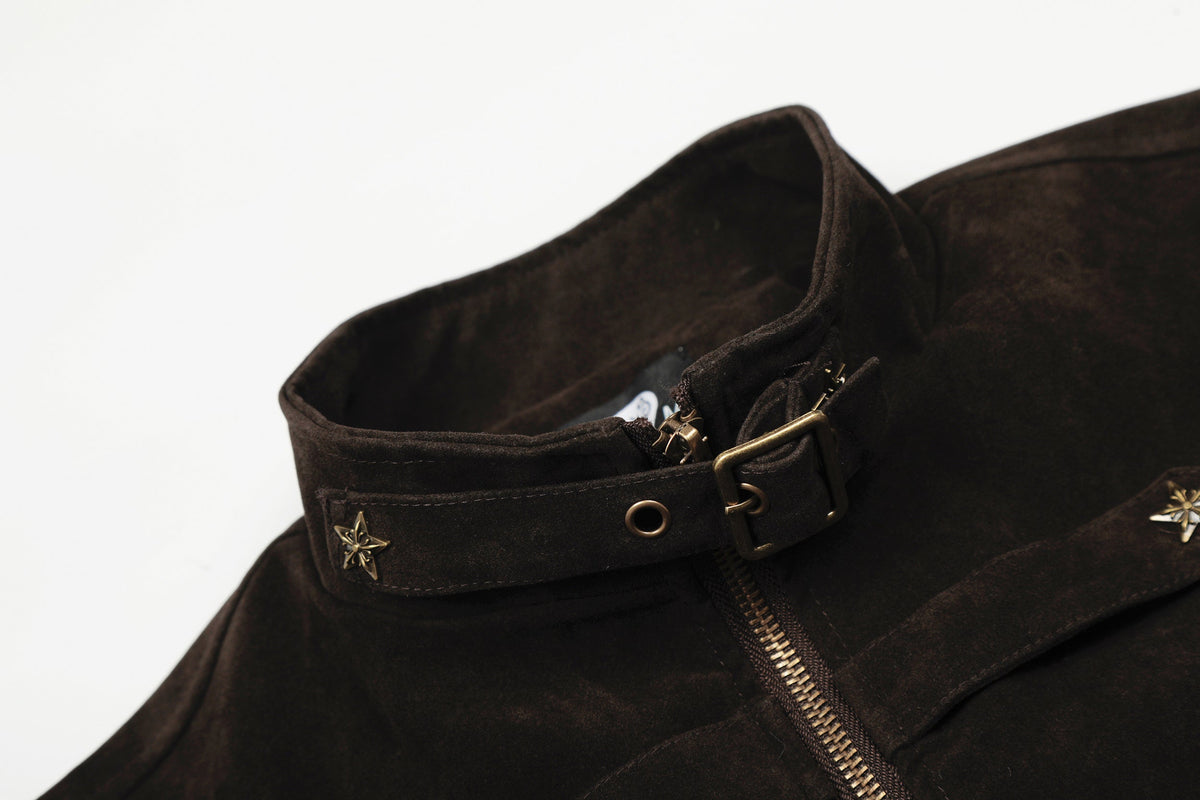 GEESAS STAR STUDDED BUCKLE COLLAR JACKET; Brown; design detail