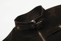 GEESAS STAR STUDDED BUCKLE COLLAR JACKET; Brown; design detail