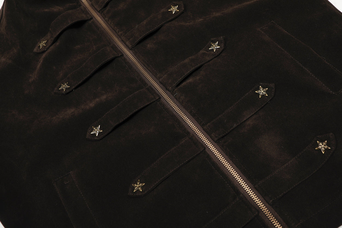 GEESAS STAR STUDDED BUCKLE COLLAR JACKET; Brown; design detail