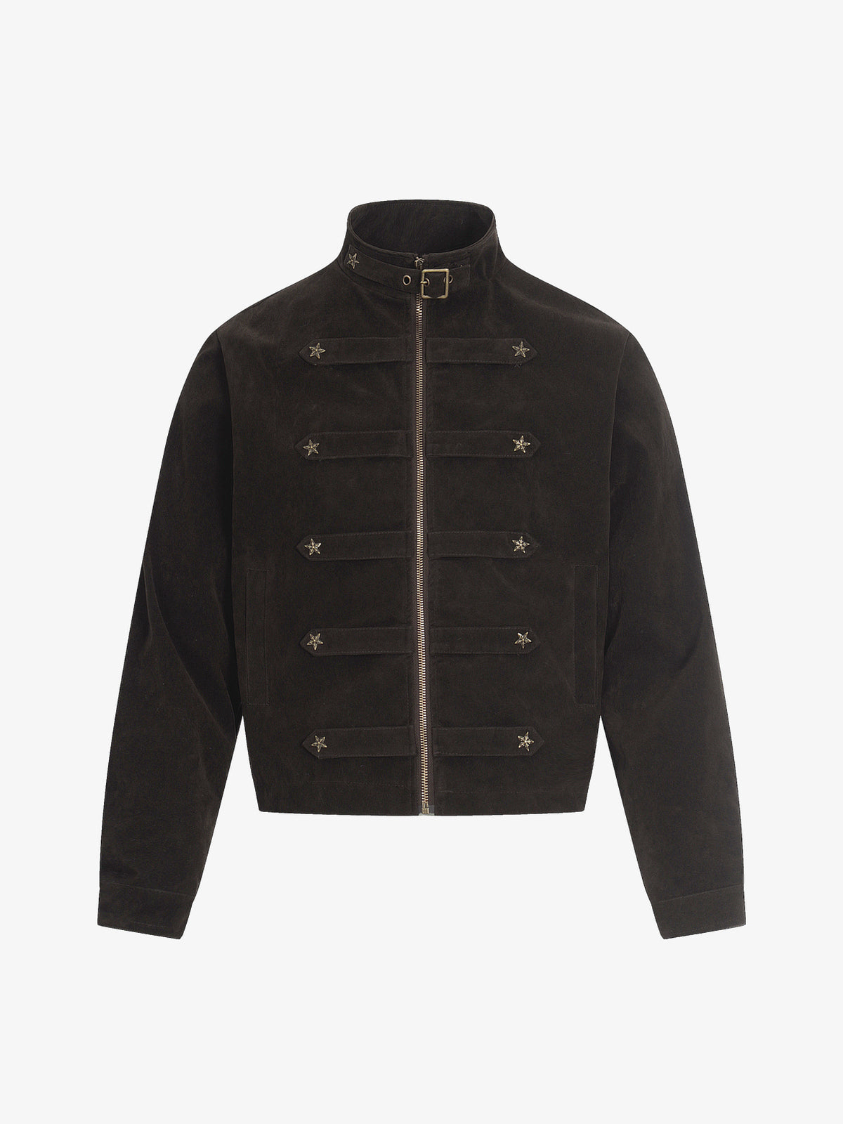 GEESAS STAR STUDDED BUCKLE COLLAR JACKET; Brown; front view