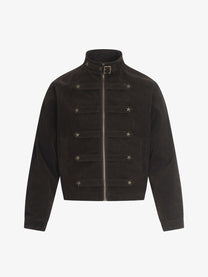 GEESAS STAR STUDDED BUCKLE COLLAR JACKET; Brown; front view