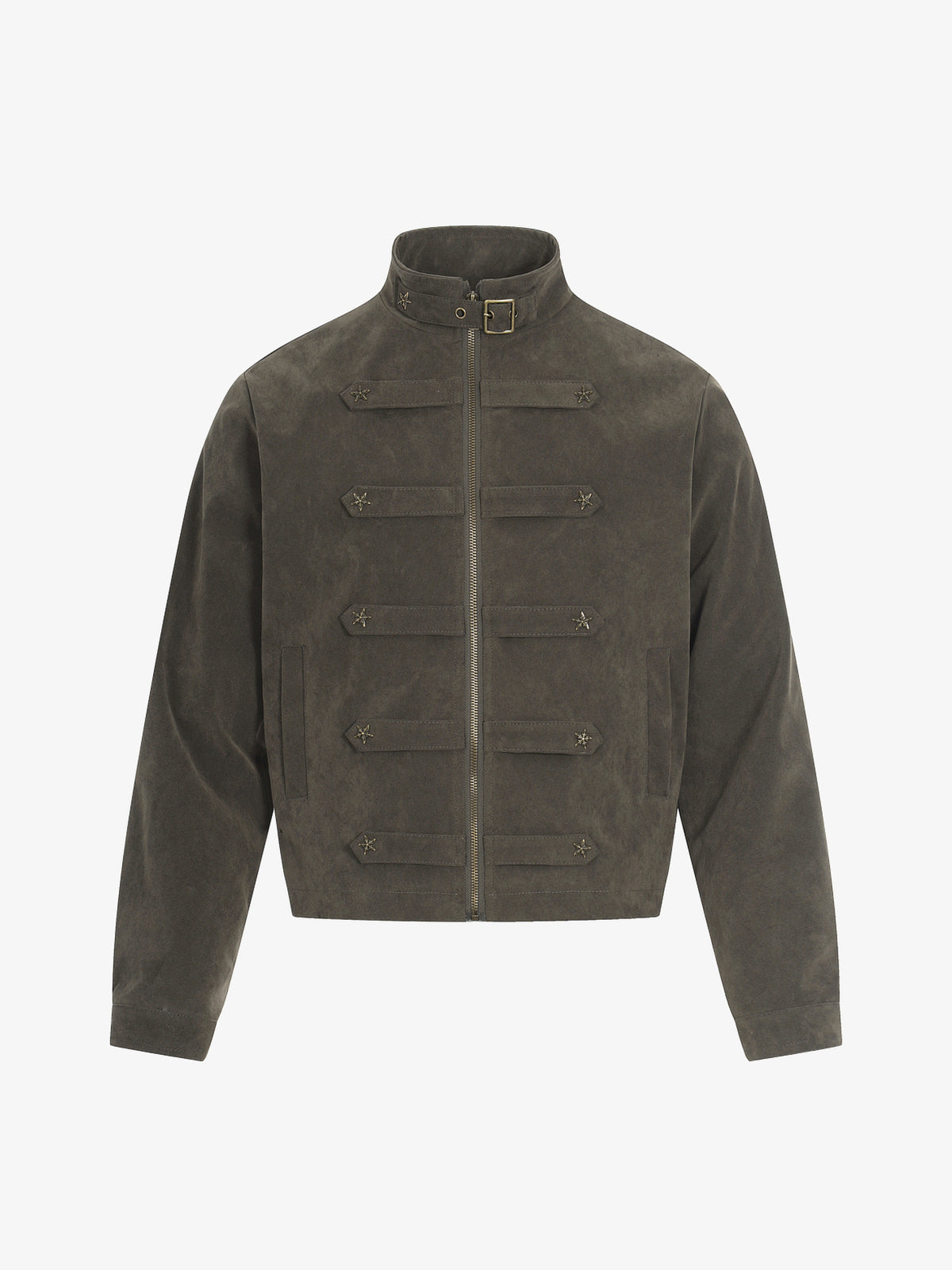 GEESAS STAR STUDDED BUCKLE COLLAR JACKET; Olive; front view