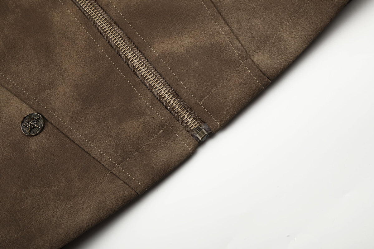GEESAS MILITARY BUTTON STAND COLLAR JACKET; Brown; garment construction detail