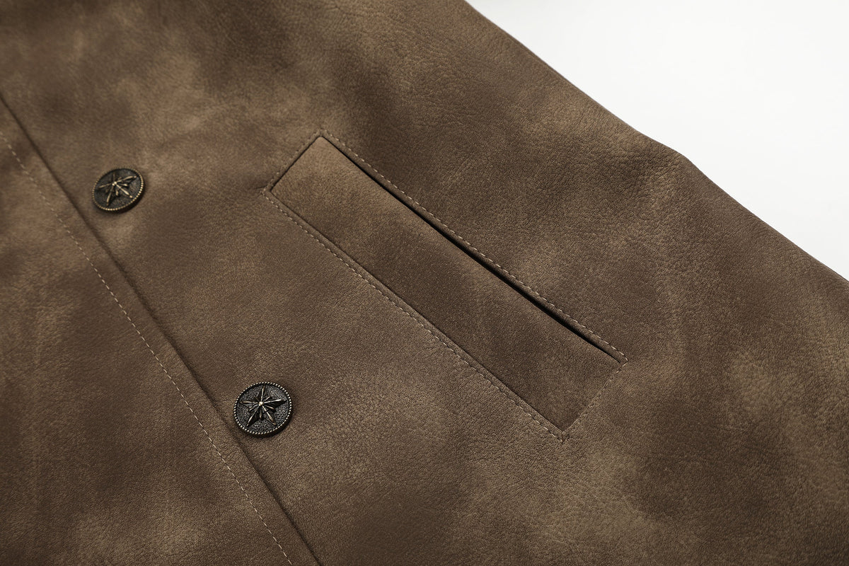 GEESAS MILITARY BUTTON STAND COLLAR JACKET; Brown; garment construction detail
