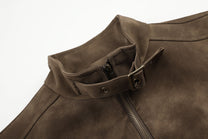 GEESAS MILITARY BUTTON STAND COLLAR JACKET; Brown; garment construction detail