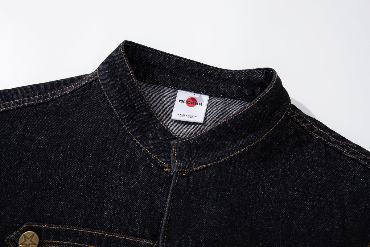 MCCNN DOUBLE ROW BUTTON TRUCKER JACKET; Black; garment construction detail