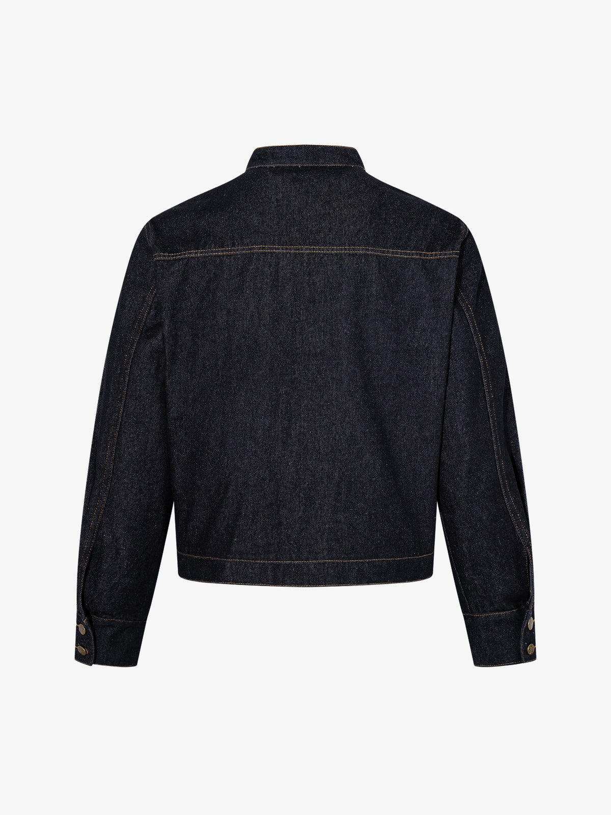 MCCNN DOUBLE ROW BUTTON TRUCKER JACKET; Black; back view