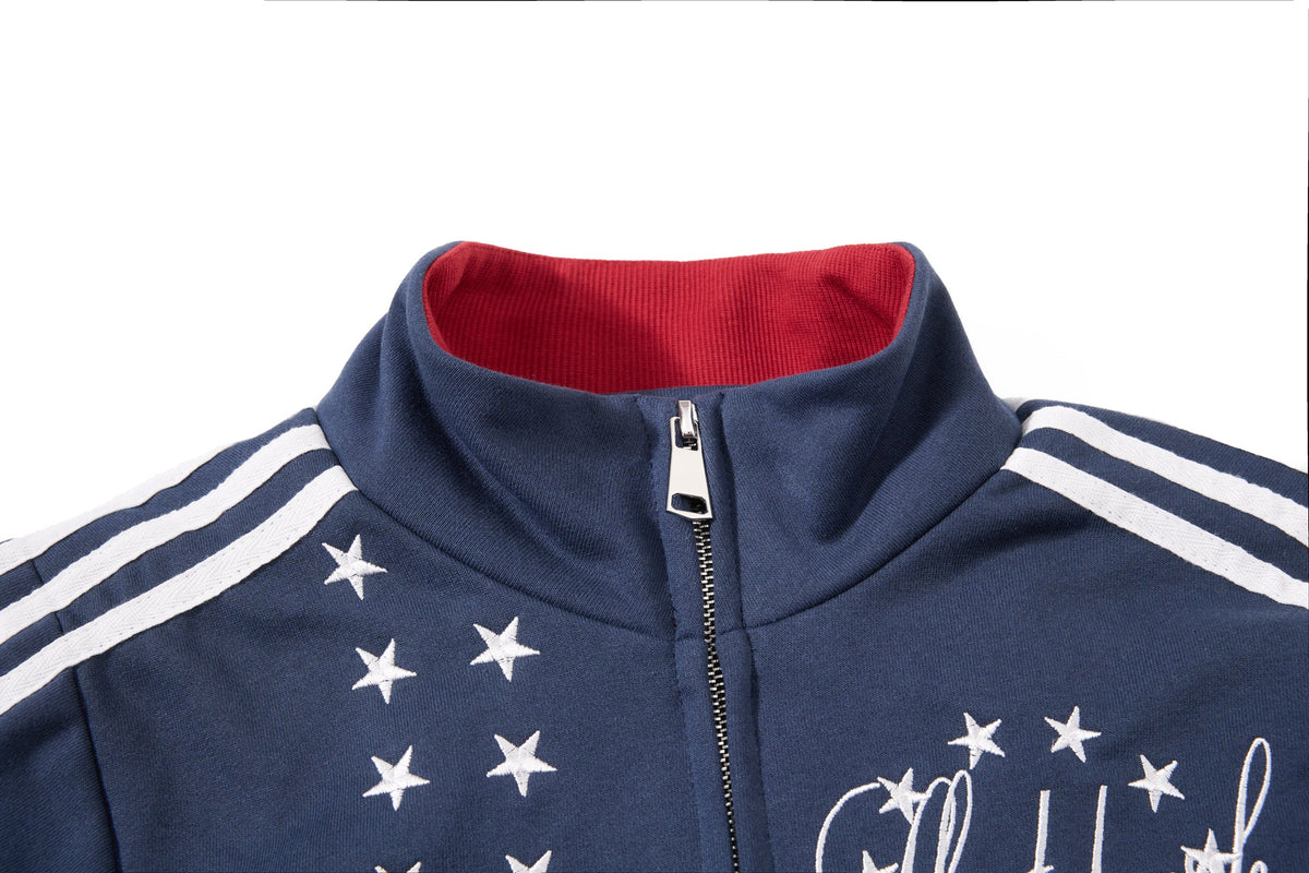 SKATE PARK STAR EMBROIDERED TRACK JACKET; Navy; garment construction detail