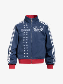 SKATE PARK STAR EMBROIDERED TRACK JACKET; Navy; front view